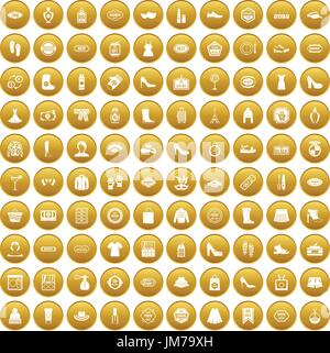 100 woman shopping icons set gold Stock Vector