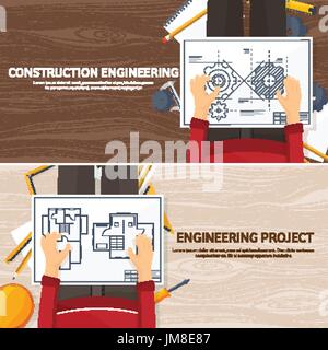 Vector illustration. Engineering and architecture. Drawing, construction. Architectural project. Design, sketching. Workspace with tools. Planning, building. Stock Vector