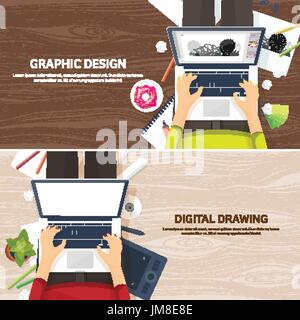 Graphic web design. Drawing and painting. Development. Illustration, sketching, freelance. User interface. UI. Computer, laptop. Stock Vector