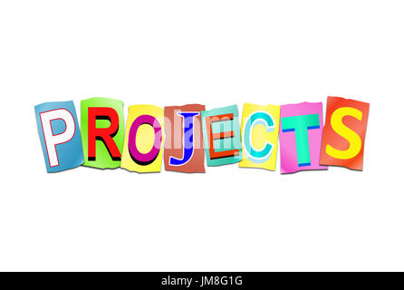 3d Illustration depicting a set of cut out printed letters arranged to form the word projects. Stock Photo