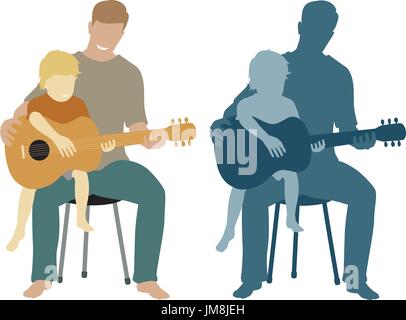 Editable vector illustration of a father teaching his young son to play his guitar Stock Vector