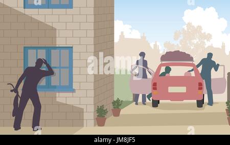 Editable vector illustration of a thief taking the opportunity to burglar as a family goes on vacation Stock Vector