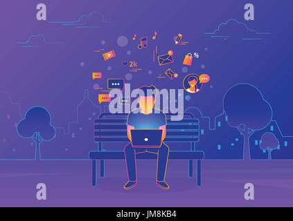 Young man sitting in the street and working with laptop on violet background Stock Vector