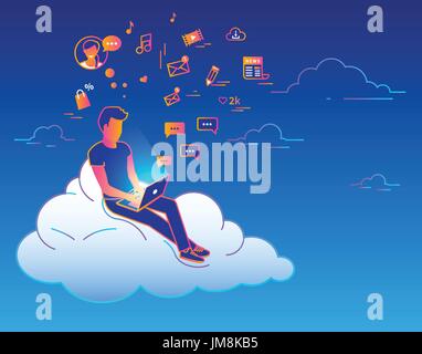 Young man sitting on the cloud in the sky and working with laptop Stock Vector