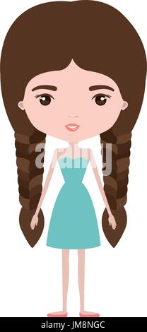 colorful caricature skinny woman in dress with double braids hairstyle Stock Vector