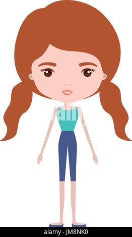 colorful caricature skinny woman in clothes with double pigtails hairstyle Stock Vector