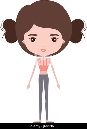 colorful caricature skinny woman in clothes with double bun hairstyle Stock Vector