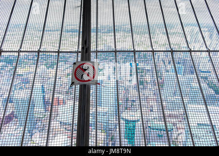 Viewing Prohibited Warning sign inside the viewing platform, Olympic Tower, Olympiapark ...