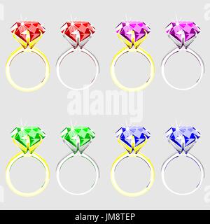 illustration  set of rings with precious stones on a white background Stock Vector