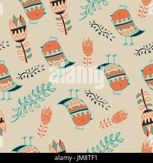 Cute colorful floral seamless pattern with owl and bird. seamless pattern of flowers in colourful style Stock Vector