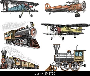 set of passenger train and airplanes corncob or plane aviation travel illustration. engraved hand drawn in old sketch style, vintage transport. Stock Vector