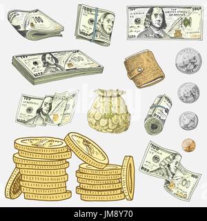 Detailed currency banknotes or american Franklin Green 100 dollars or cash and coin. engraved hand drawn in old sketch style, vintage money bill icons. financial success of US. Bag or purse of gold. Stock Vector