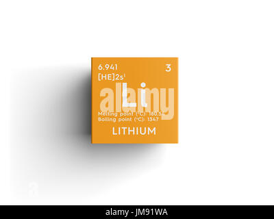 Lithium. Alkali metals. Chemical Element of Mendeleev's Periodic Table. Lithium in square cube creative concept. Stock Photo