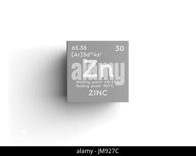 Zinc. Transition metals. Chemical Element of Mendeleev's Periodic Table. Zinc in square cube creative concept. Stock Photo