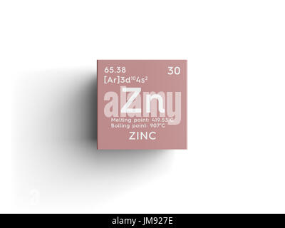 Zinc. Transition metals. Chemical Element of Mendeleev's Periodic Table. Zinc in square cube creative concept. Stock Photo
