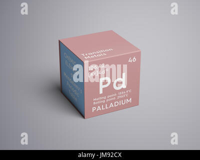 Palladium. Transition metals. Chemical Element of Mendeleev's Periodic Table. Palladium in square cube creative concept. Stock Photo