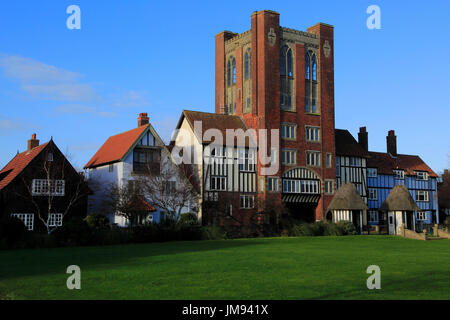 Eccentric mock Tudor architecture of water tower and houses, Thorpeness, Suffolk, England, UK Stock Photo