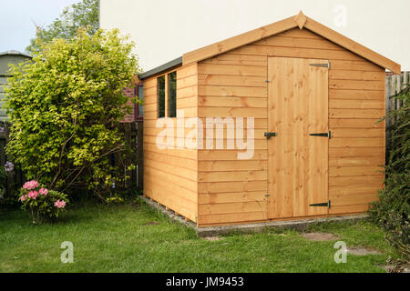 New wooden garden shed in a corner of a domestic garden. UK, Britain Stock Photo