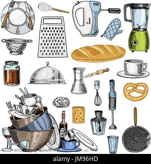 Grater and whisk, frying pan, Turk for coffee, cup of tea, mixer and baked loaf. dirty kitchen utensils, cooking stuff for menu decoration. engraved hand drawn in old sketch and vintage style. Stock Vector