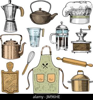 Grater and whisk, frying pan, Coffee maker or grinder, french press, mixer  and baked loaf. kitchen utensils, cooking stuff for menu decoration.  engraved hand drawn in old sketch and vintage style Stock