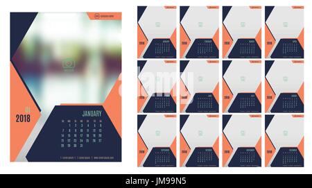 Vector of Calendar 20118year ,12 month calendar with modern navy blue color style,week start at Sunday,Template for place your photo. Stock Vector