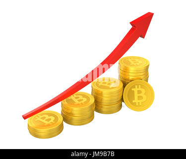 Stack of Bitcoins with Arrow Up Isolated Stock Photo