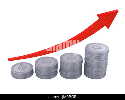 Stack of Ethereum Coins with Arrow Up Isolated Stock Photo