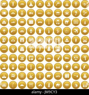 100 world tour icons set gold Stock Vector