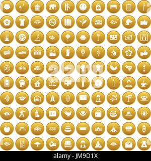 100 yoga studio icons set gold Stock Vector