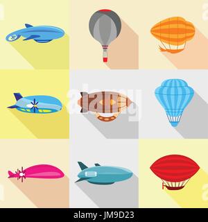Types of airship icons set, flat style Stock Vector