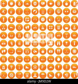 100 active life icons set orange Stock Vector