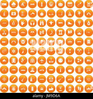 100 adventure icons set orange Stock Vector