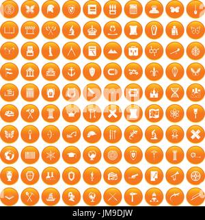 100 archeology icons set orange Stock Vector