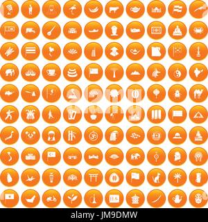 100 Asia icons set orange Stock Vector