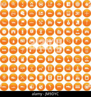 100 auto icons set orange Stock Vector