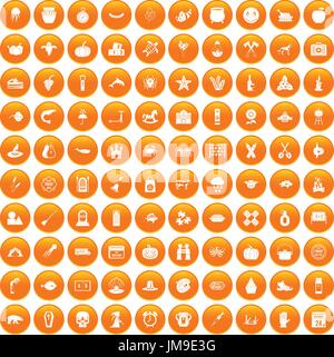 100 autumn holidays icons set orange Stock Vector