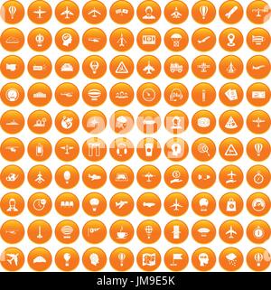 100 aviation icons set orange Stock Vector