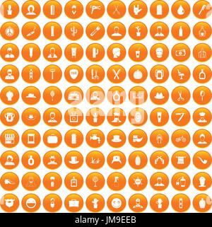 100 barber icons set orange Stock Vector