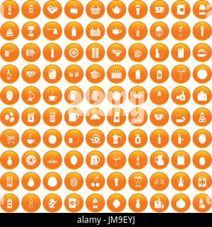 100 beverage icons set orange Stock Vector