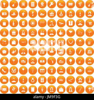 100 birthday icons set orange Stock Vector