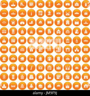 100 building icons set orange Stock Vector