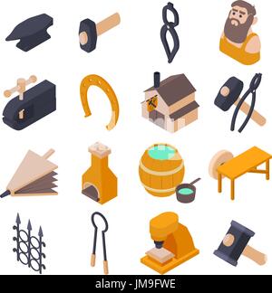 Blacksmith tools icons set, isometric style Stock Vector