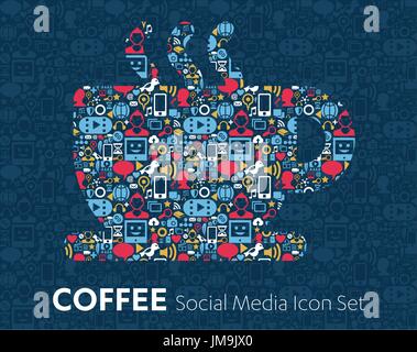 flat icons technology, social media, network, computer concept. background with objects. smiley face sale. Share, Comment, Twitter, YouTube, WhatsApp, Stock Vector