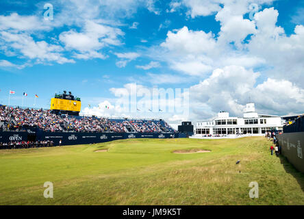 The 18th hole at Royal Birkdale golf course during the 2017 146th Open golf championships. Stock Photo