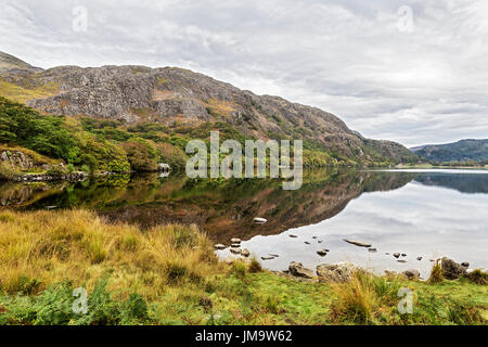 Reflections in Llyn Dinas in the Nant Gwynant valley near Beddgelert Snowdonia National Park North Wales UK October 50442 Stock Photo