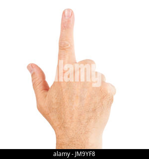 Human hand with finger pointing upwards or forward isolated on white. Stock Photo