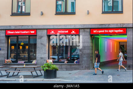 street scene in front of 25 hours hotel by levi´s, niddastrasse, frankfurt am main, hesse, germany Stock Photo