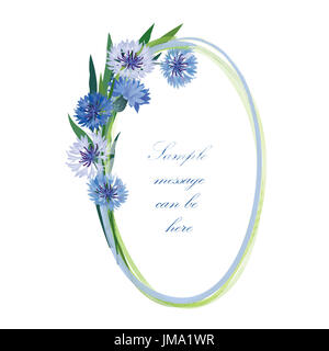 Flower frame. Cornflower posy oval border. Spring floral background. Stock Photo