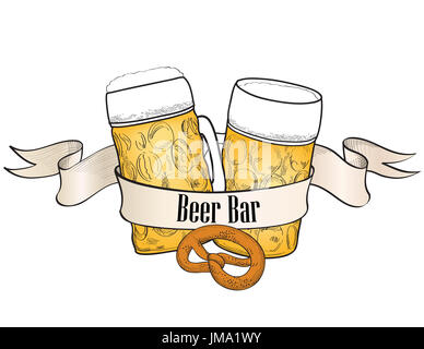 Beer ware background in retro style. Beer Mug banner. Beer Glass doodle engraved poster. Stock Photo