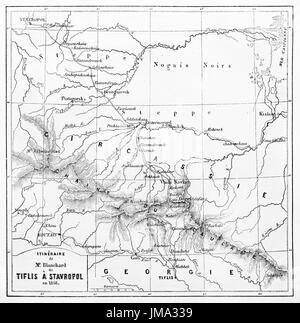 Old map of Auguste Blanchard itinerary, from Tbilisi to Stavropol. Engraved by Ehrard and Bonaparte, published on Le Tour du Monde, Paris, 1861. Stock Photo